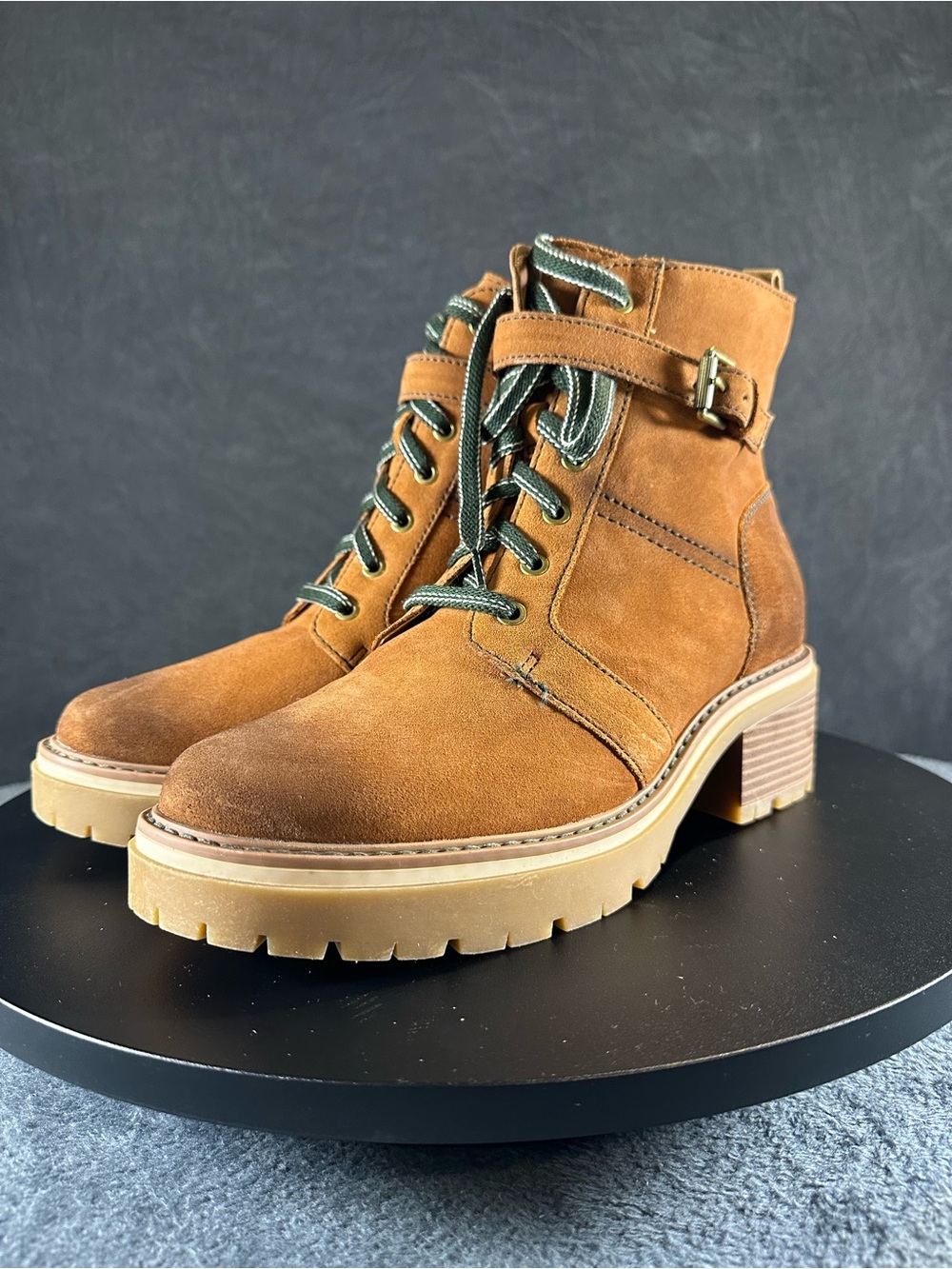 Naturalizer Tan Suede Lace-Up Ankle Boots with Buckle Strap